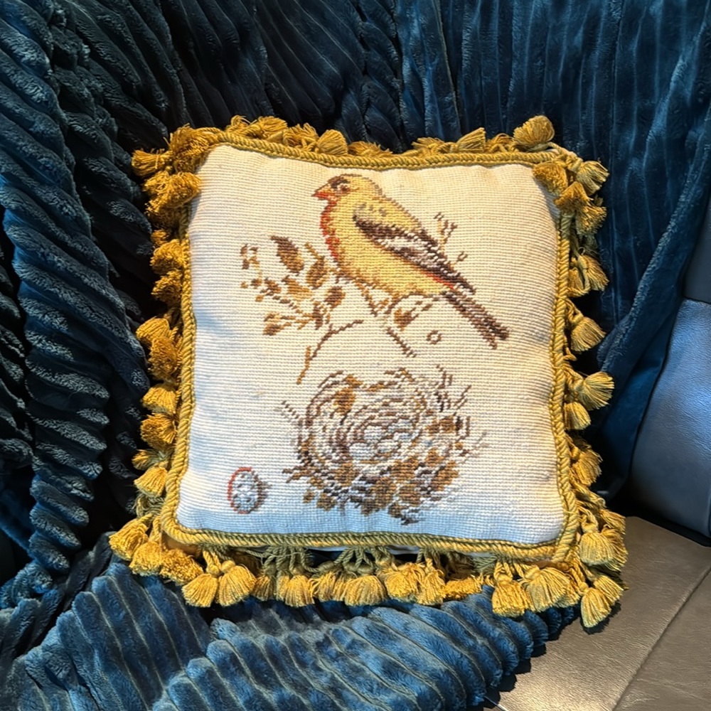 Wool Needle Point Pillow with Tassel Fringe-Song Bird with Nest-Beige/Tan